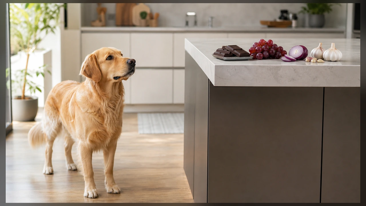 Cane tenuto lontano da cioccolato, uva, cipolla e aglio