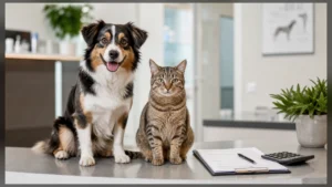 Cane e gatto in clinica veterinaria accanto a fattura e calcolatrice