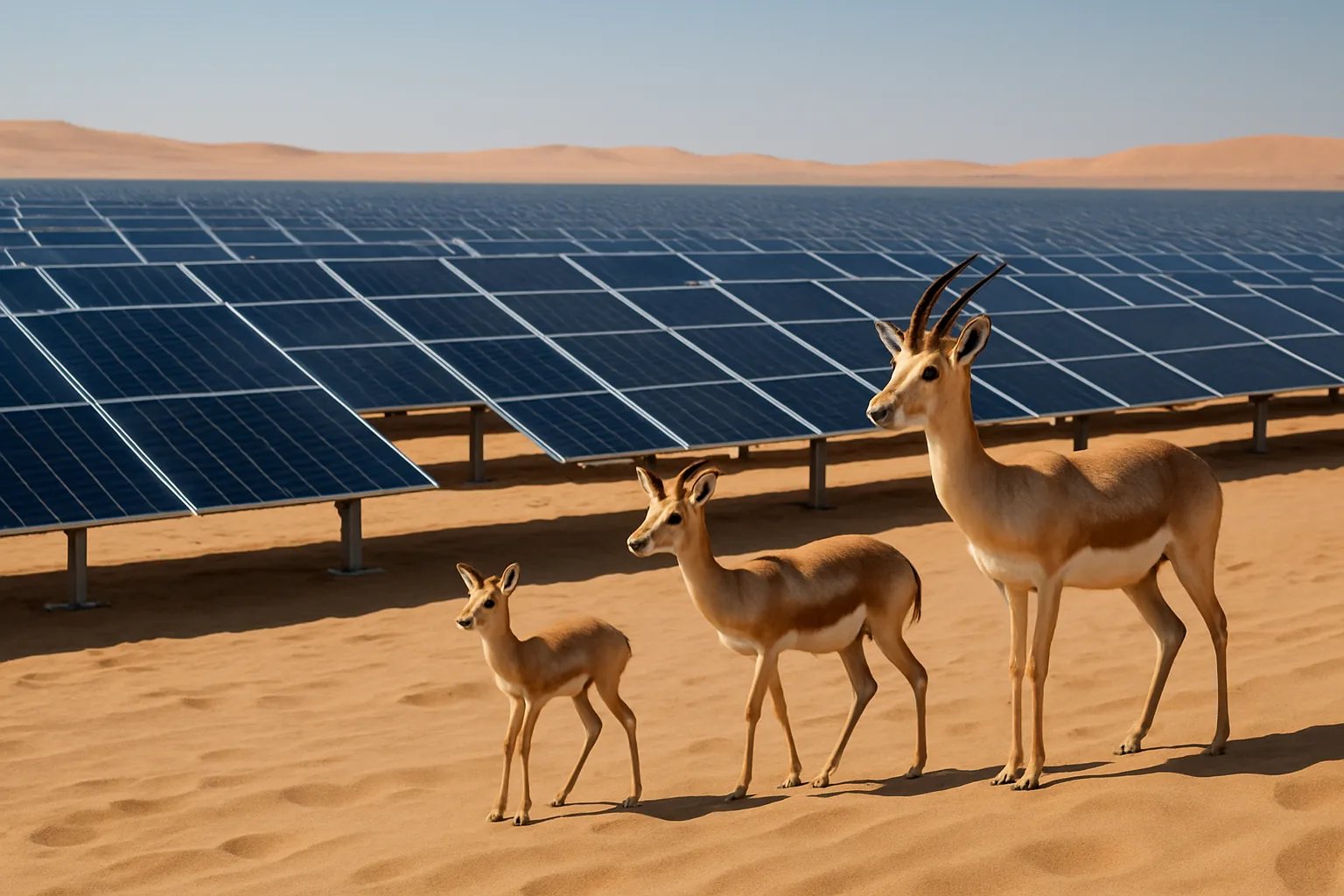 Gazzelle delle sabbie trovano rifugio in un parco fotovoltaico saudita